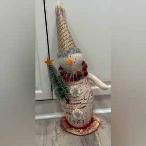 Snowman French Script Shabby Folk Art Vintage Holding Bottlebrush Tree